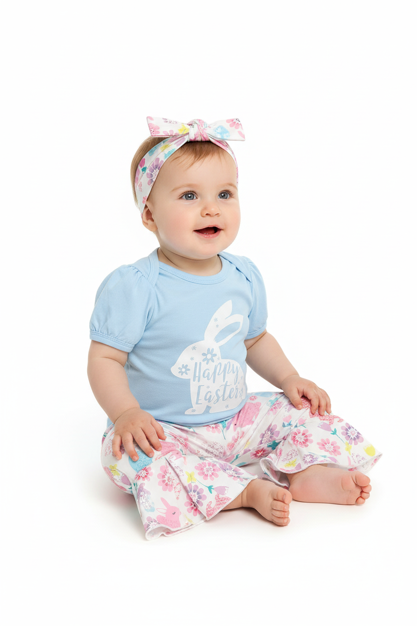 Bébé fille en ensemble Pâques body bleu Happy Easter - vue trois-quarts détail lapin blanc cursif et pantalon évasé lapins fleurs multicolores - BabyCoton