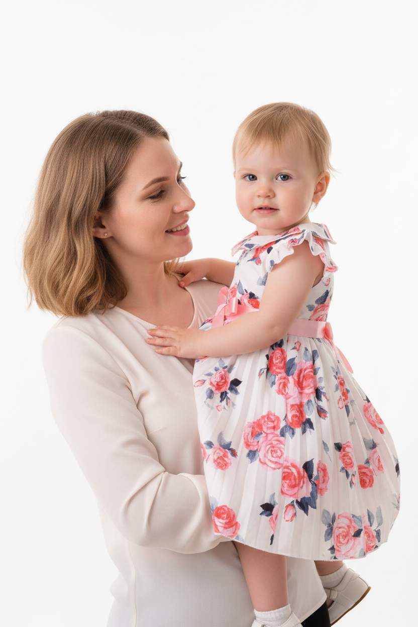 Maman portant sa fille en robe blanche plissée fleurie roses col volant ceinture satin rose - moment tendresse mère et enfant - BabyCoton