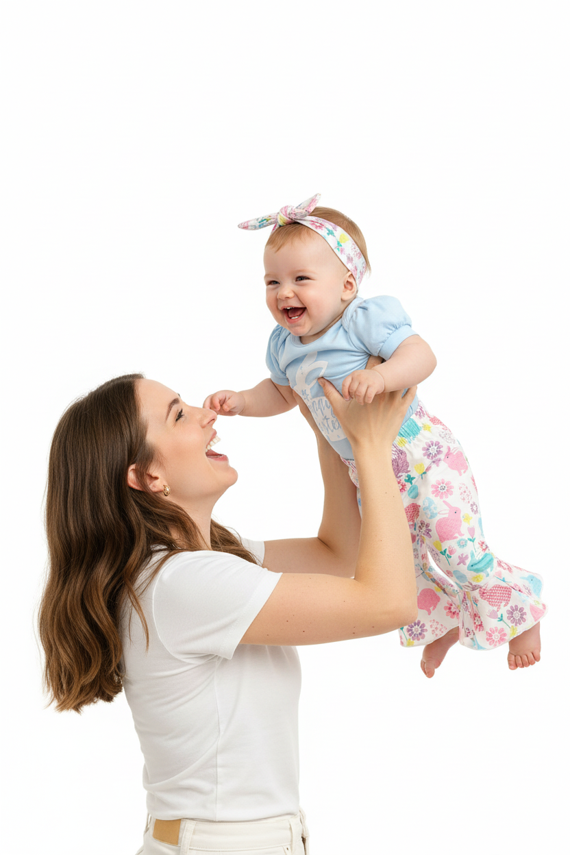 Maman soulevant sa fille en ensemble Pâques body bleu lapin Happy Easter pantalon évasé coloré bandeau fleuri - moment de joie et rires mère et enfant - BabyCoton