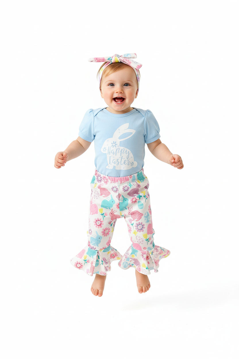 Bébé fille en ensemble Pâques body bleu lapin Happy Easter pantalon évasé coloré - pose saut joyeux expression heureuse - BabyCoton