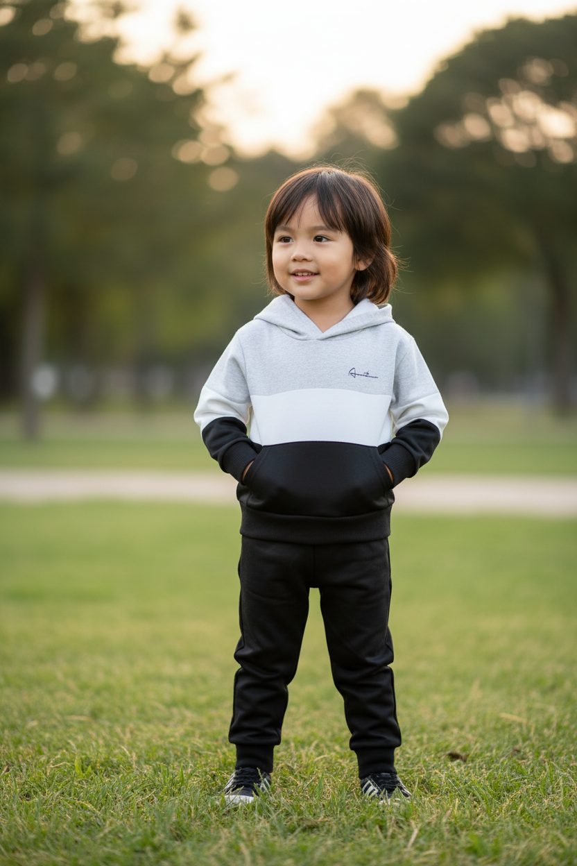 Enfant portant l'ensemble hoodie casual color block et pantalon noir - style lifestyle naturel