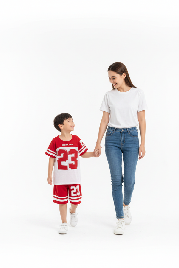 Maman tenant la main de son fils en ensemble sport rouge blanc Irreplaceable 23 - promenade joyeuse regard complice mère et enfant - BabyCoton