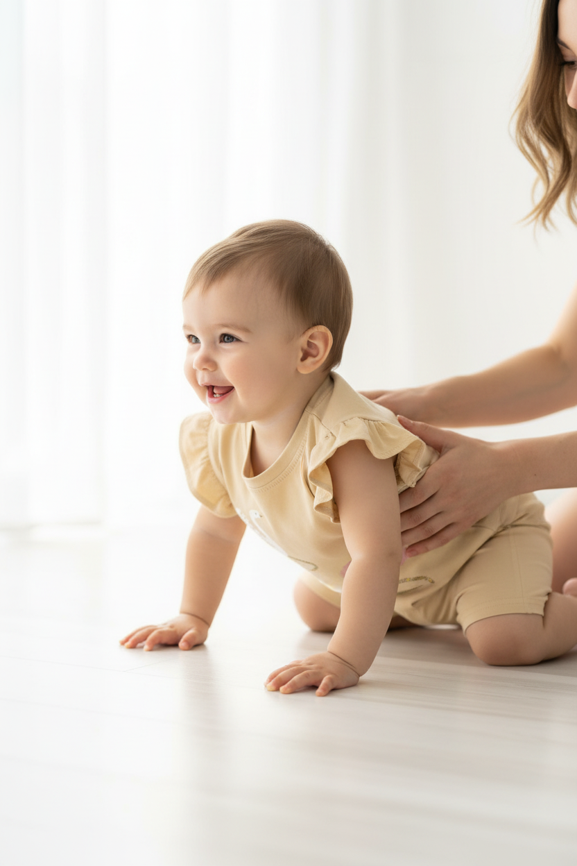 Bébé qui rampe avec énergie, maman qui guide doucement, vue de côté.