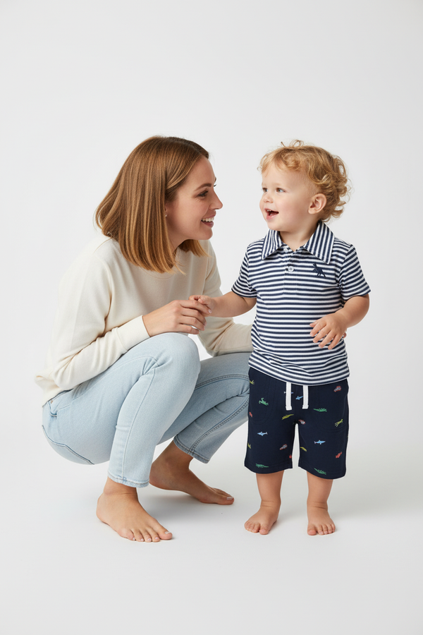 Maman accroupie avec son fils en ensemble polo rayé marine short dinosaures - moment complice mère et enfant - BabyCoton