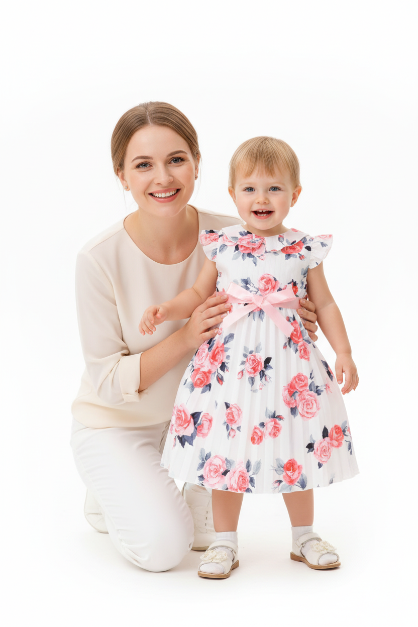 Maman agenouillée avec sa fille en robe blanche plissée fleurie roses - moment complice mère et enfant - BabyCoton