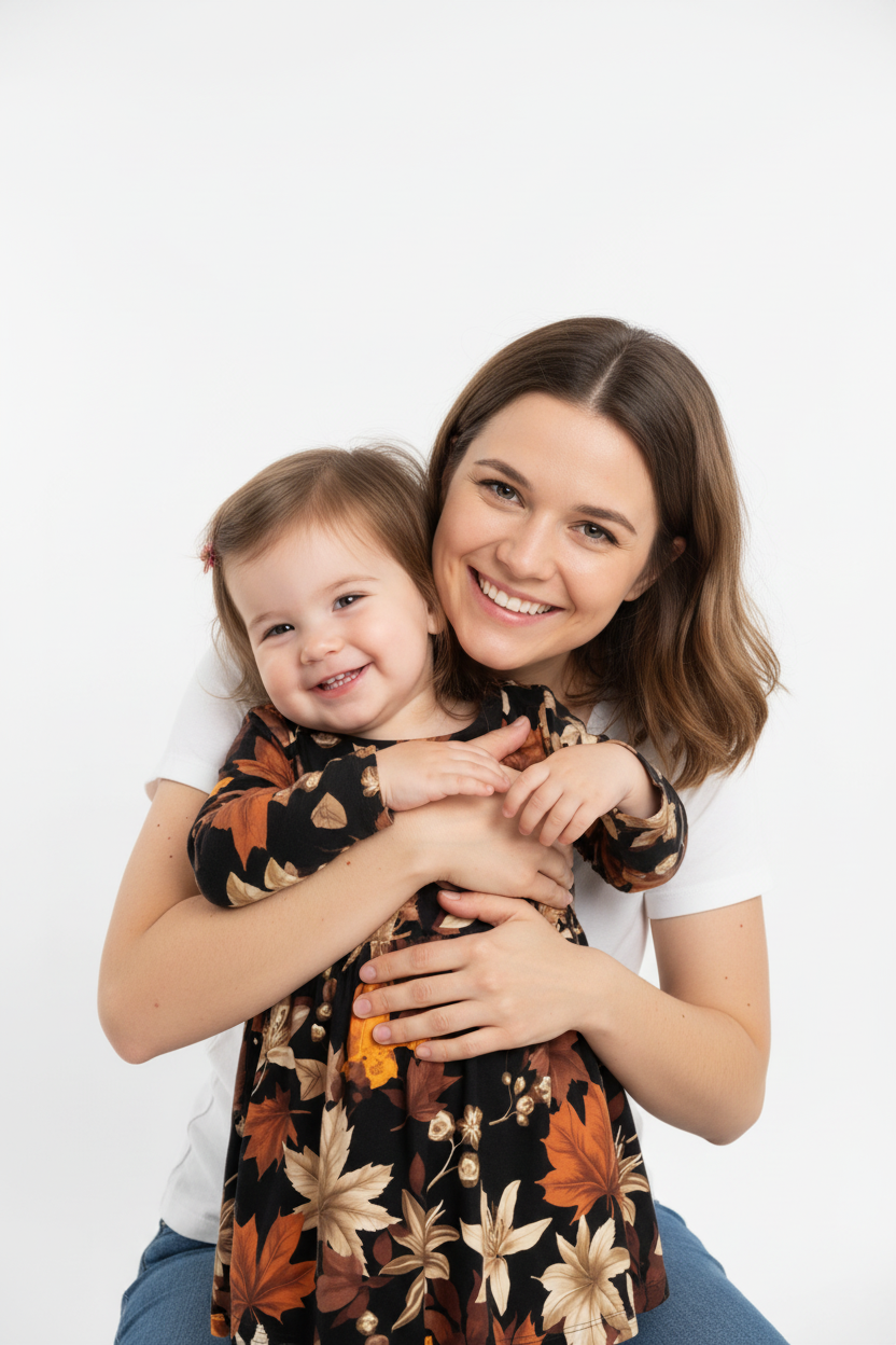 Maman câlin avec sa fille en robe noire feuilles d'automne - BabyCoton