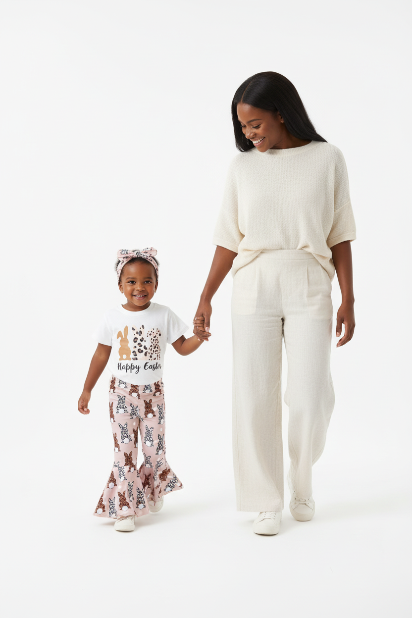 Maman et fillette main dans la main en ensemble Happy Easter BabyCoton — t-shirt lapins léopard, pantalon évasé rose et bandeau nœud, fond blanc