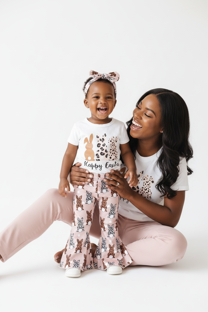 Maman et fillette moment complice — ensemble Happy Easter BabyCoton, t-shirt lapins léopard, pantalon évasé rose et bandeau nœud léopard, fond blanc