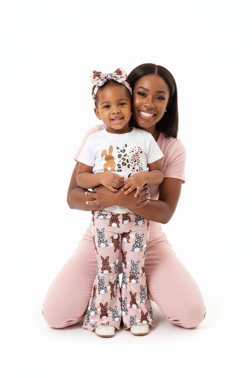 Maman serrant sa fillette — ensemble Happy Easter BabyCoton, t-shirt lapins léopard, pantalon évasé rose et bandeau nœud léopard, fond blanc