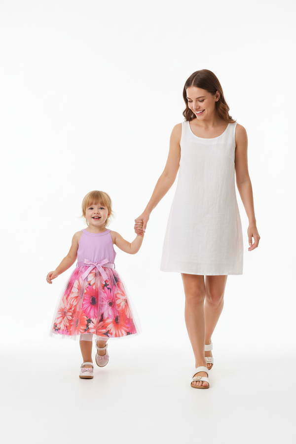 Maman tenant la main de sa fille en robe lilas jupe tulle fleurie - promenade joyeuse mère et enfant - BabyCoton