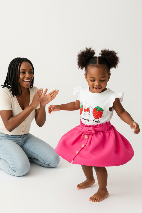  Petite fille tournant en jupe rose fuchsia ensemble Love Bunny Cute - BabyCoton