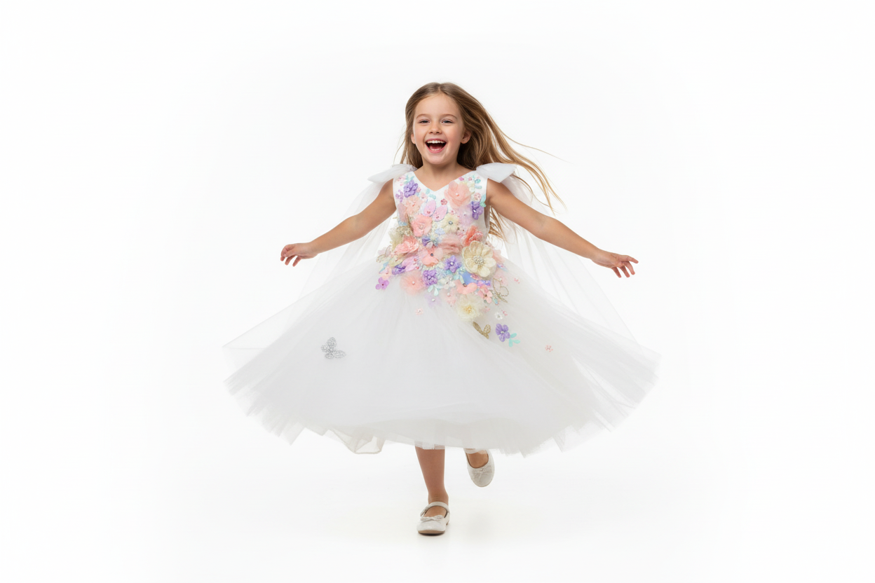 Petite fille qui court : "Jeune fille courant joyeusement en riant, portant une robe blanche immaculée avec cascade de fleurs pastel appliquées à la main et papillons dorés 🦋 - jupe en tulle romantique, design féerique pour séances photo et fêtes d'anniversaire, œuvre d'art portée disponible en Suisse 🇨🇭"