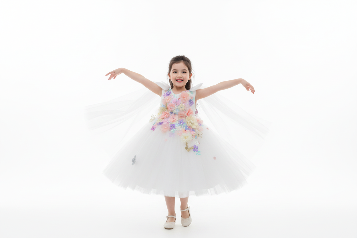 
Petite fille qui danse : "Fillette dansant élégamment bras tendus, vêtue d'une robe blanche de cérémonie ornée de fleurs 3D faites main en tons pastel et papillons dorés scintillants 💫 - tenue de princesse parfaite pour occasions spéciales, artisanat délicat et unique, tailles 80-130cm chez BabyCoton 🌺"