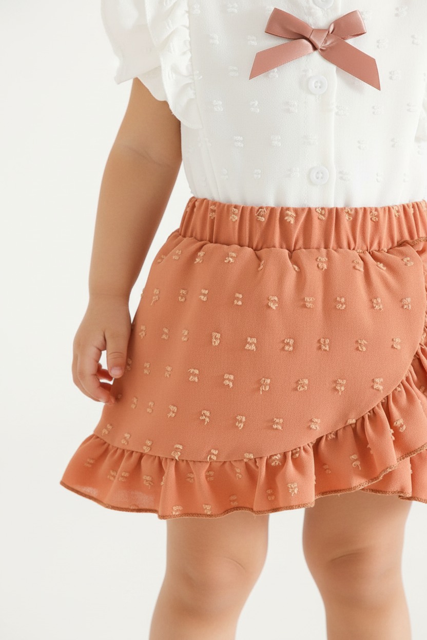 Petite fille en ensemble blanc et rose corail - détail broderies