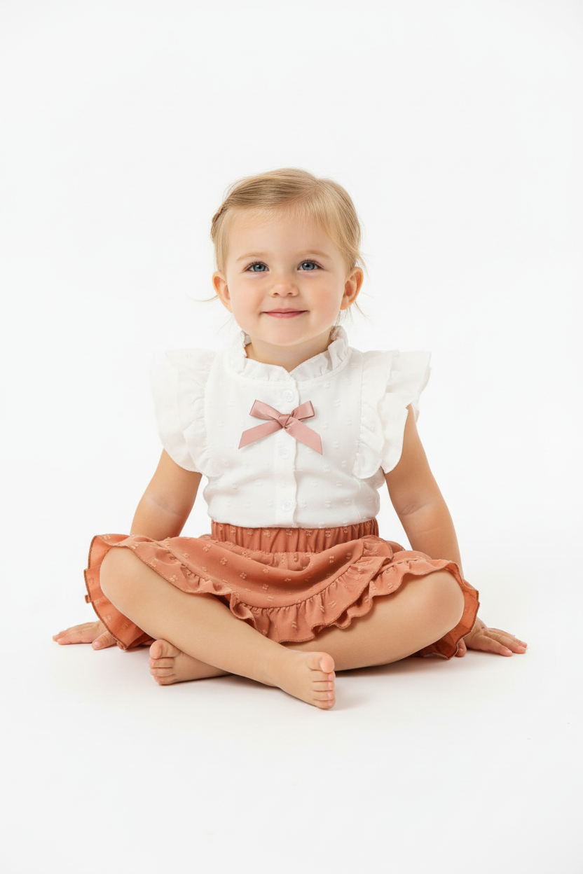 Petite fille en ensemble blanc et rose corail - pose assise
