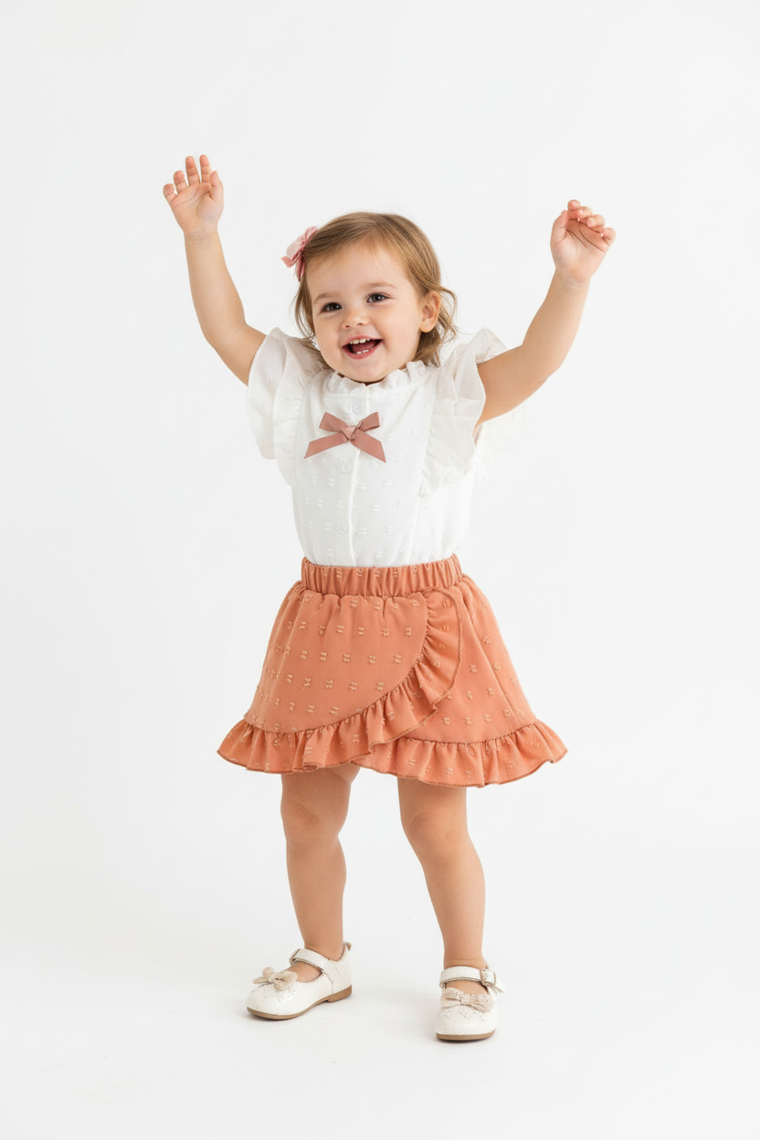 Petite fille en ensemble blanc et rose corail - pose dansante