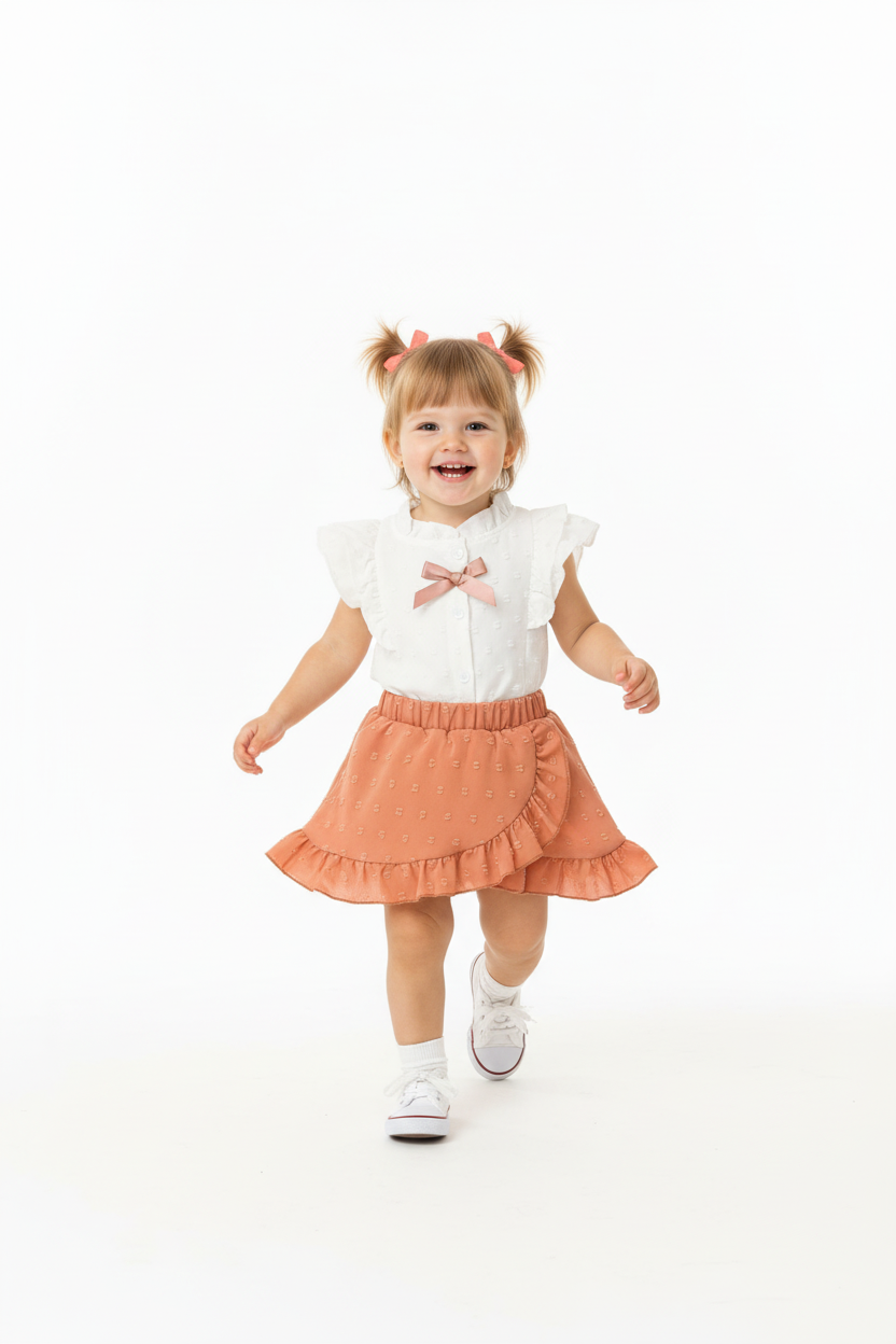 Petite fille en ensemble blanc et rose corail - pose en marche