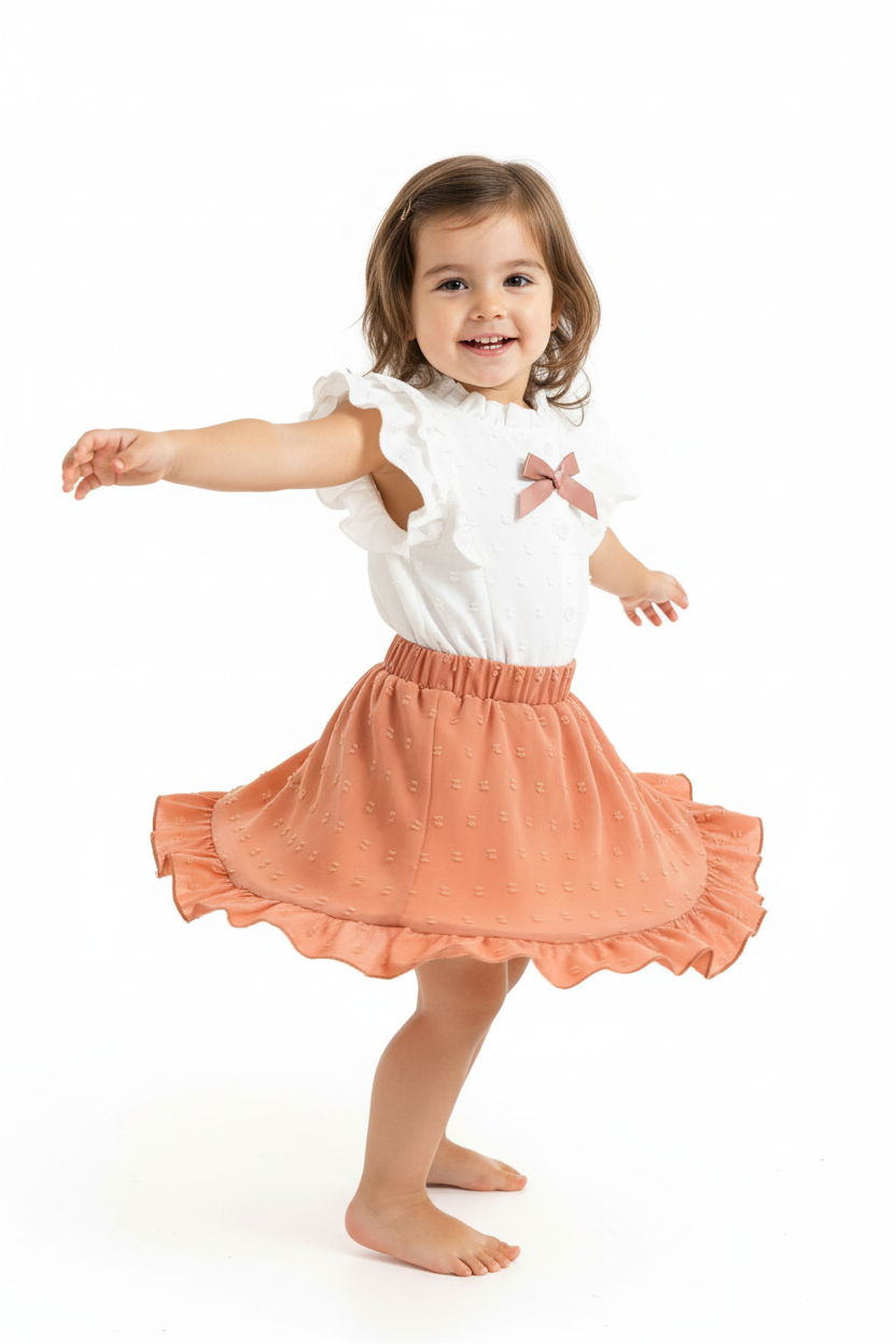 Petite fille en ensemble blanc et rose corail - pose tournoyante