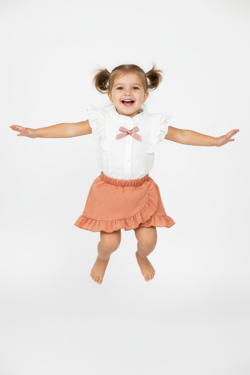 Petite fille en ensemble blanc et rose corail - saut joyeux