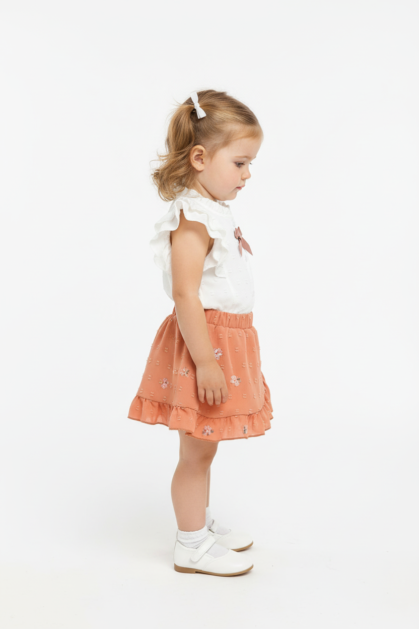 Petite fille en ensemble blanc et rose corail - vue de côté