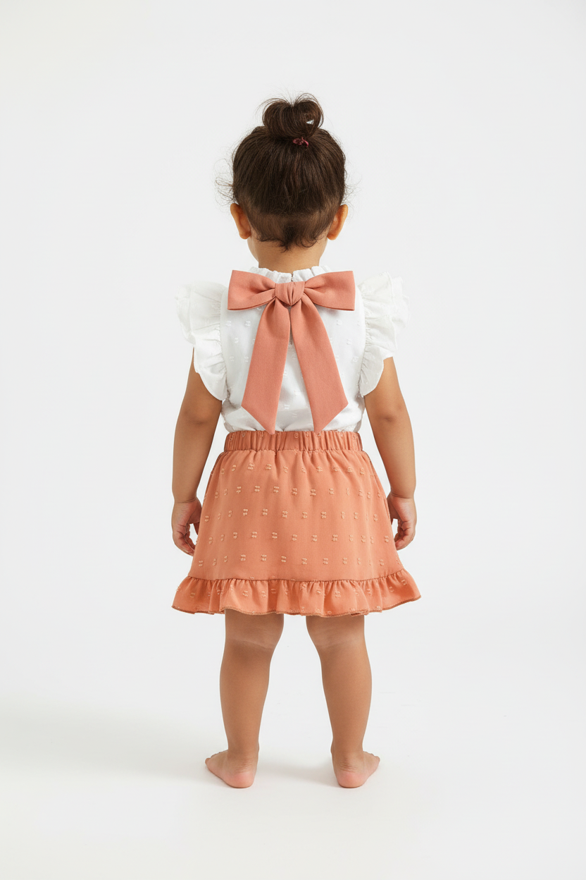 Petite fille en ensemble blanc et rose corail - vue de dos