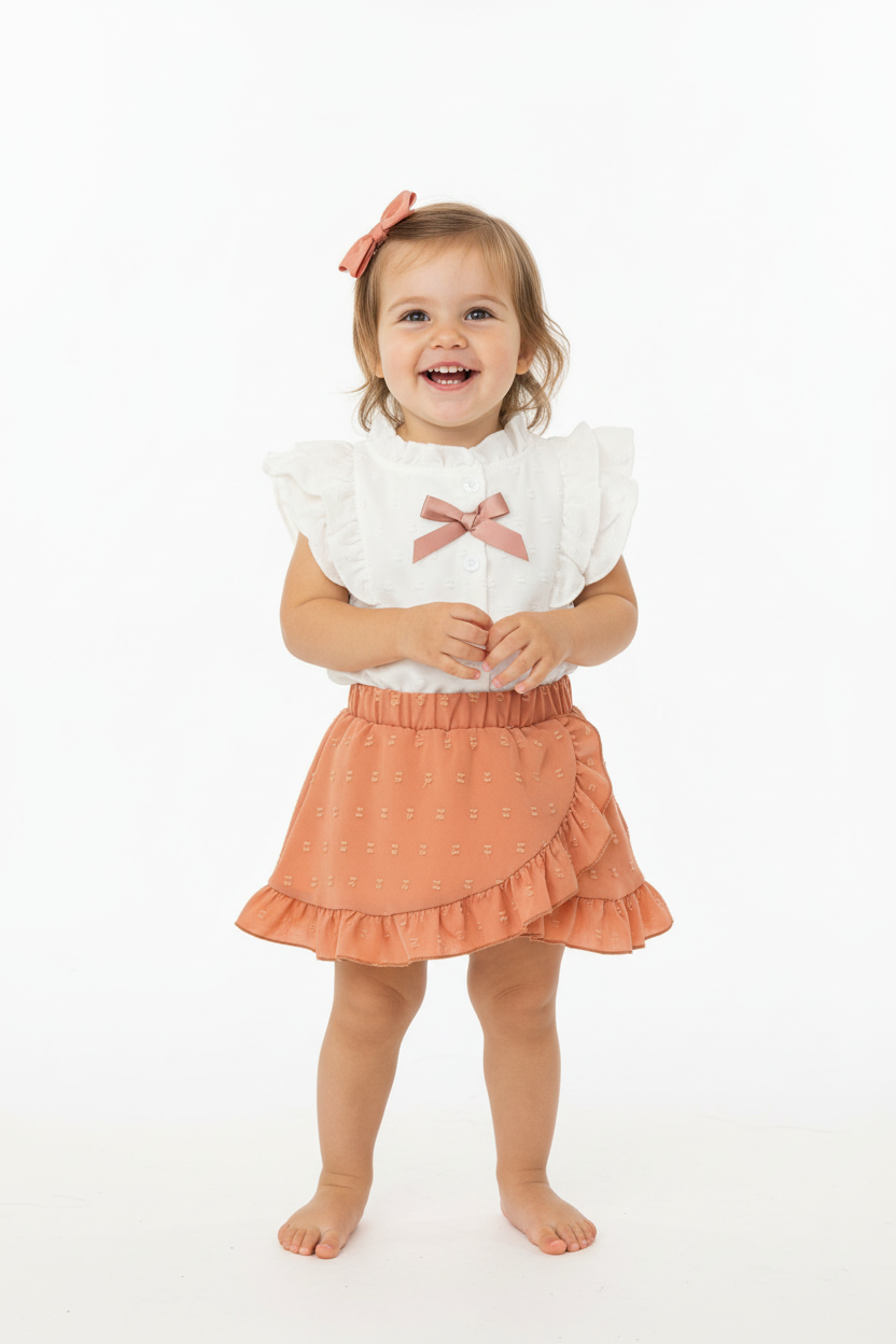 Petite fille en ensemble blanc et rose corail - vue de face