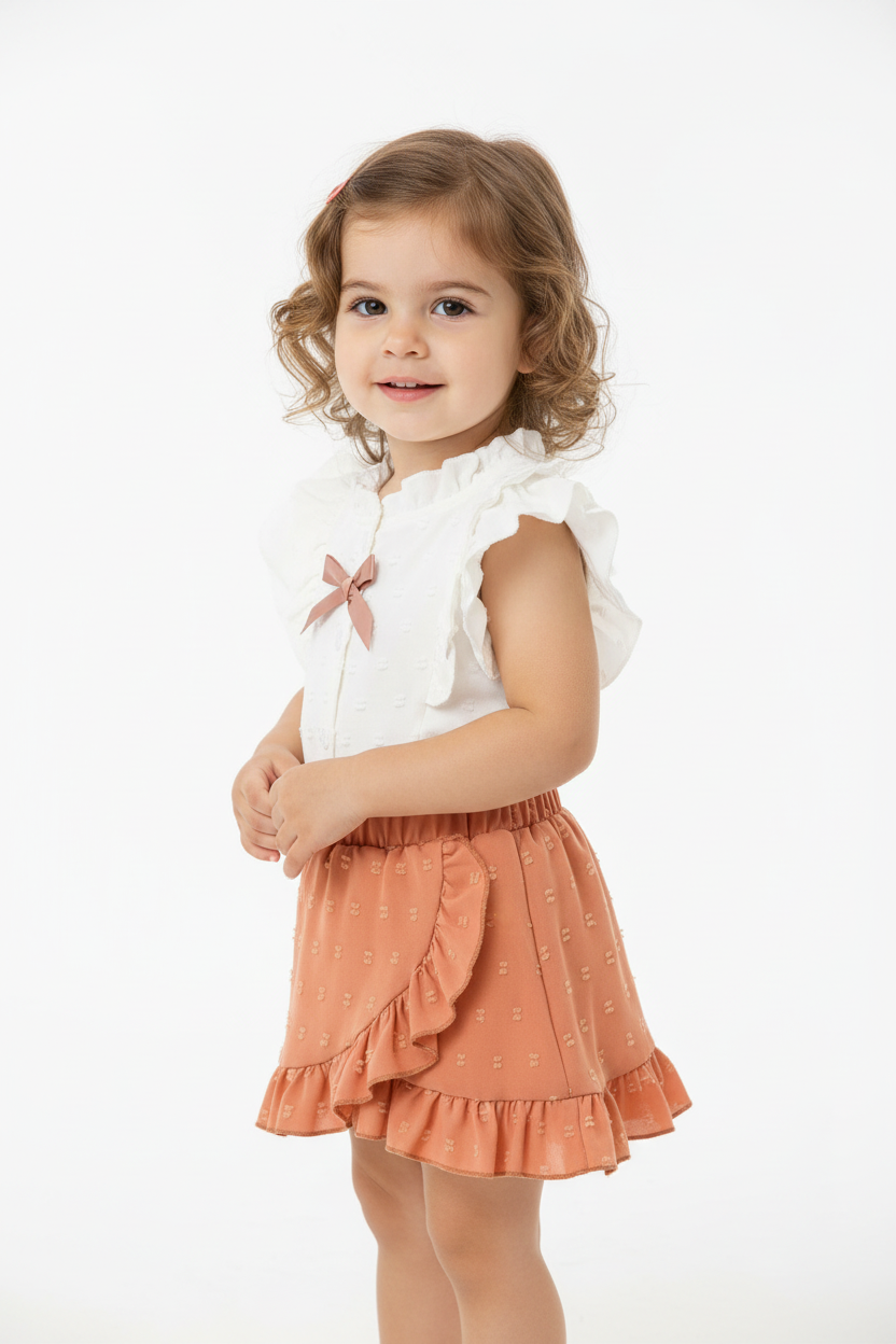 Petite fille en ensemble blanc et rose corail - vue trois-quarts