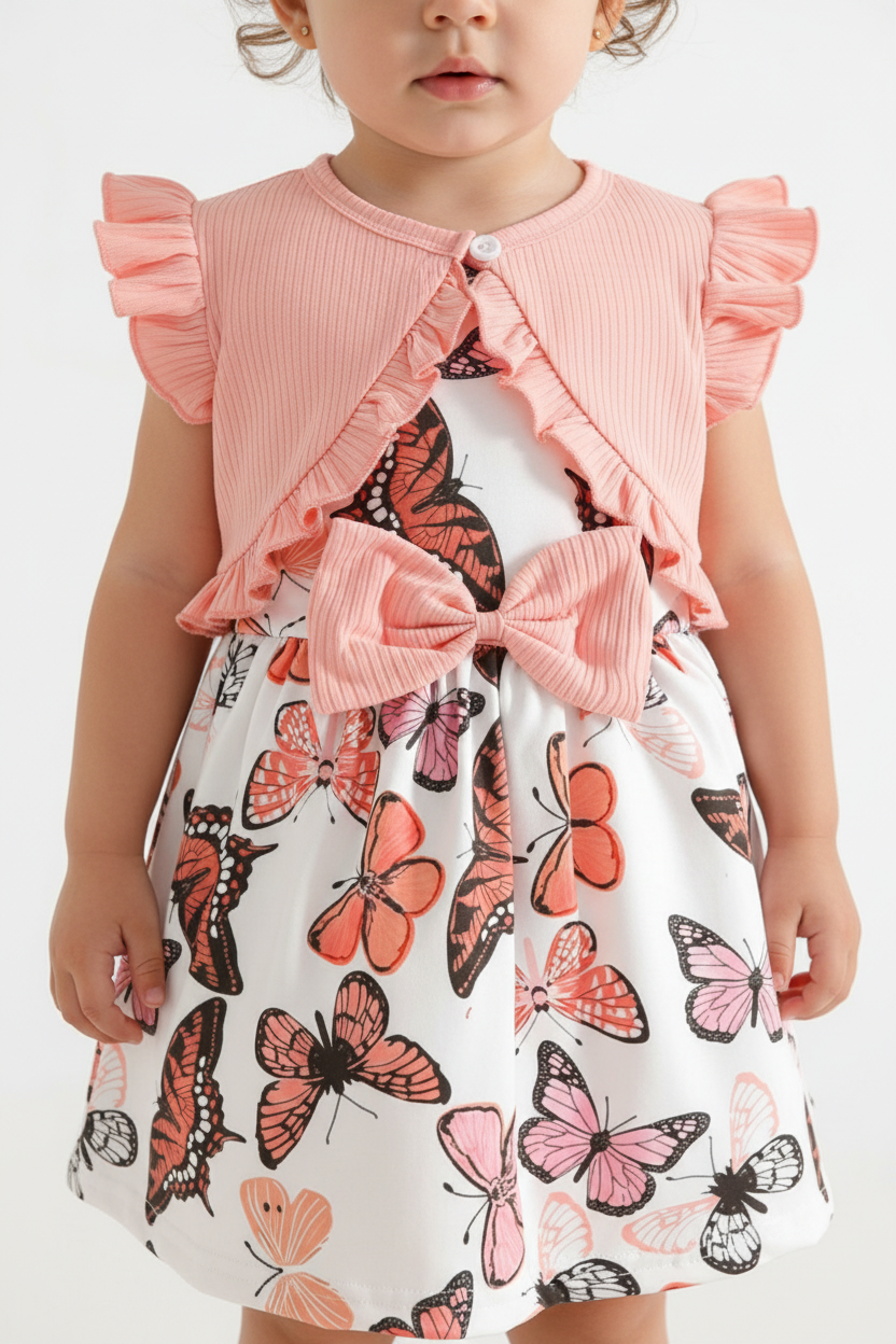 Petite fille en ensemble papillons rose et blanc - détail papillons