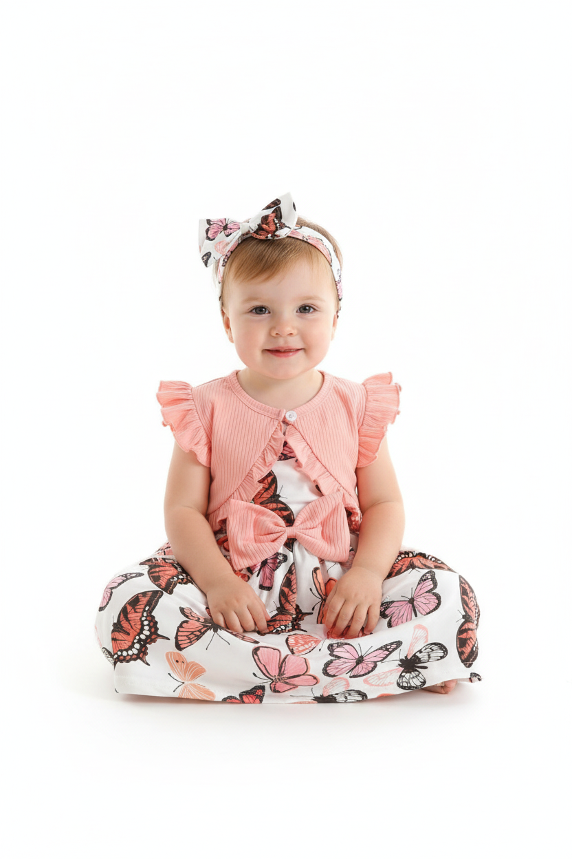 Petite fille en ensemble papillons rose et blanc - pose assise