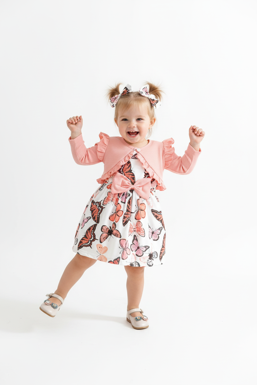 Petite fille en ensemble papillons rose et blanc - pose dansante