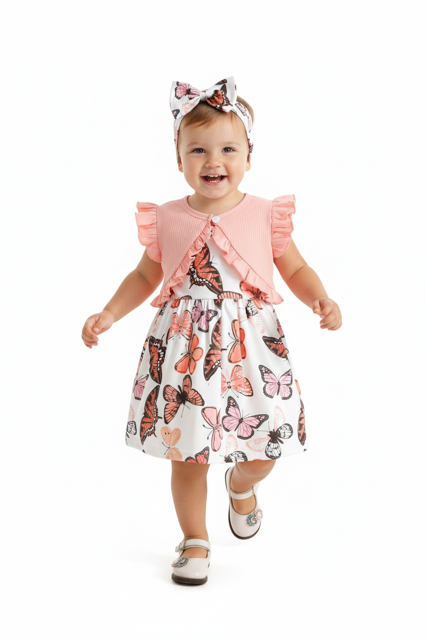Petite fille en ensemble papillons rose et blanc - pose en marche