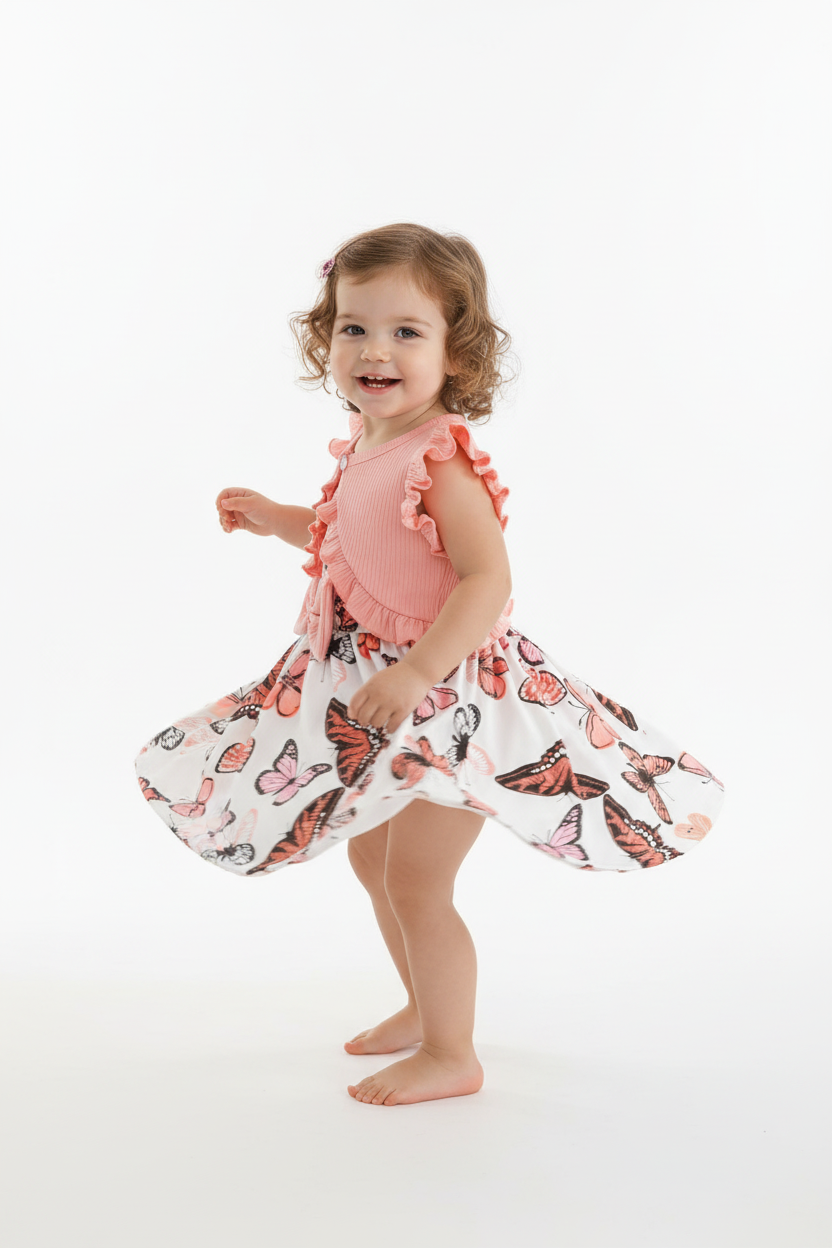 Petite fille en ensemble papillons rose et blanc - pose tournoyante