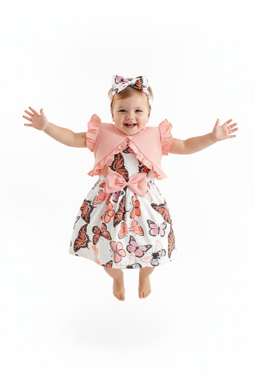 Petite fille en ensemble papillons rose et blanc - saut joyeux