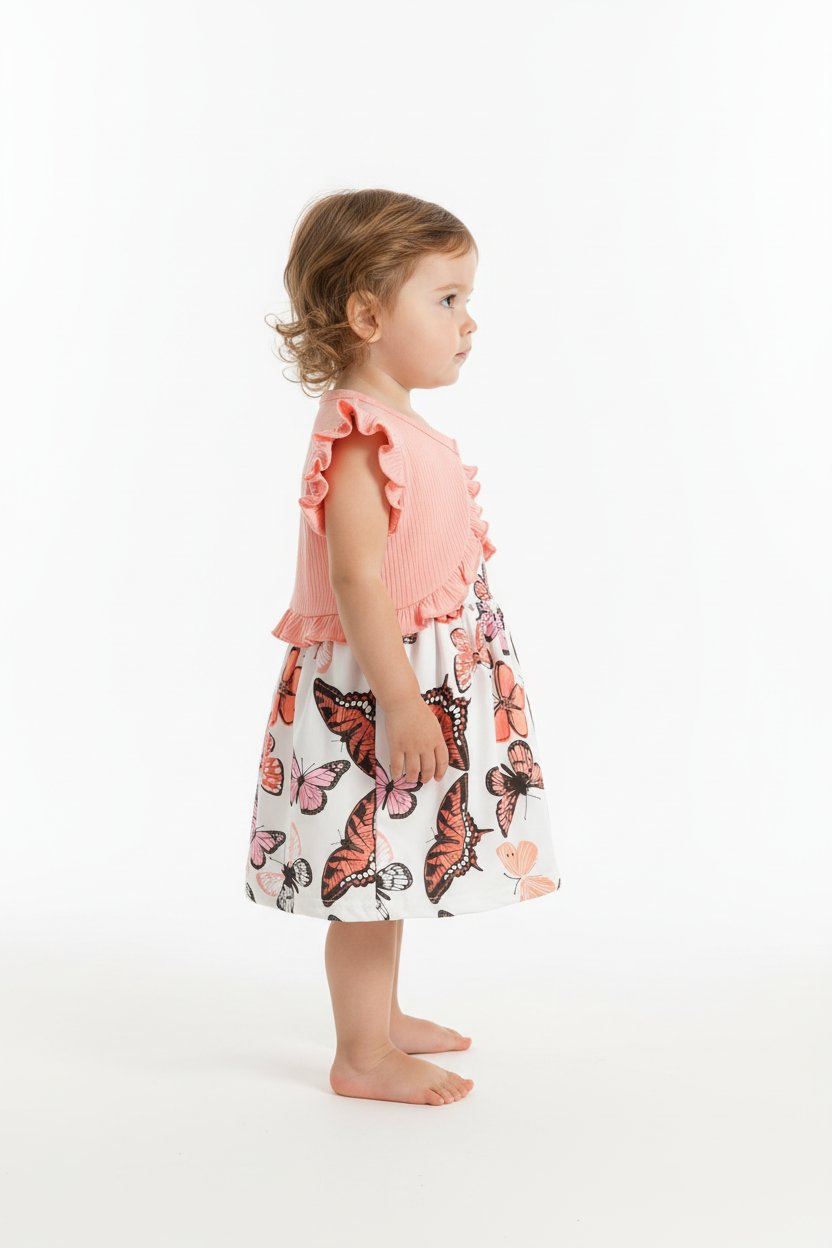 Petite fille en ensemble papillons rose et blanc - vue de côté