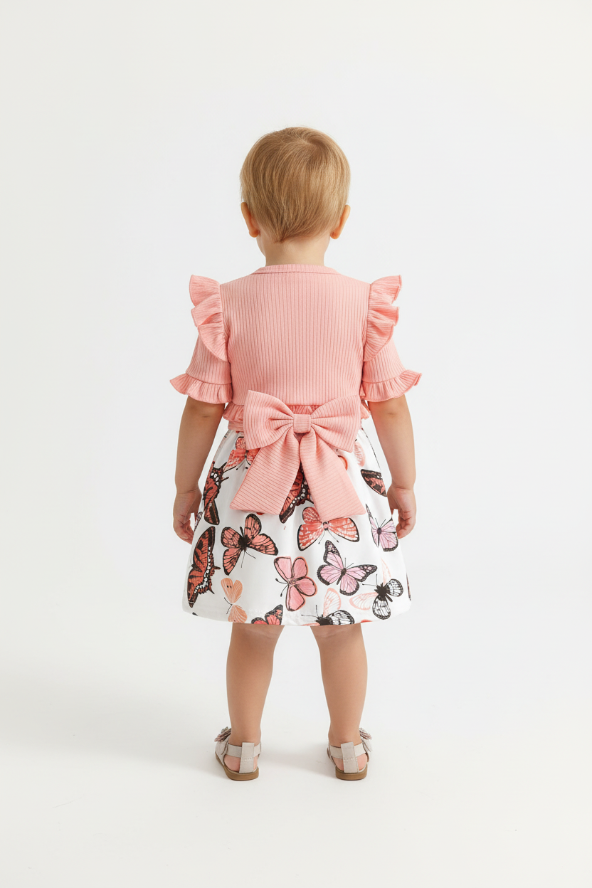 Petite fille en ensemble papillons rose et blanc - vue de dos