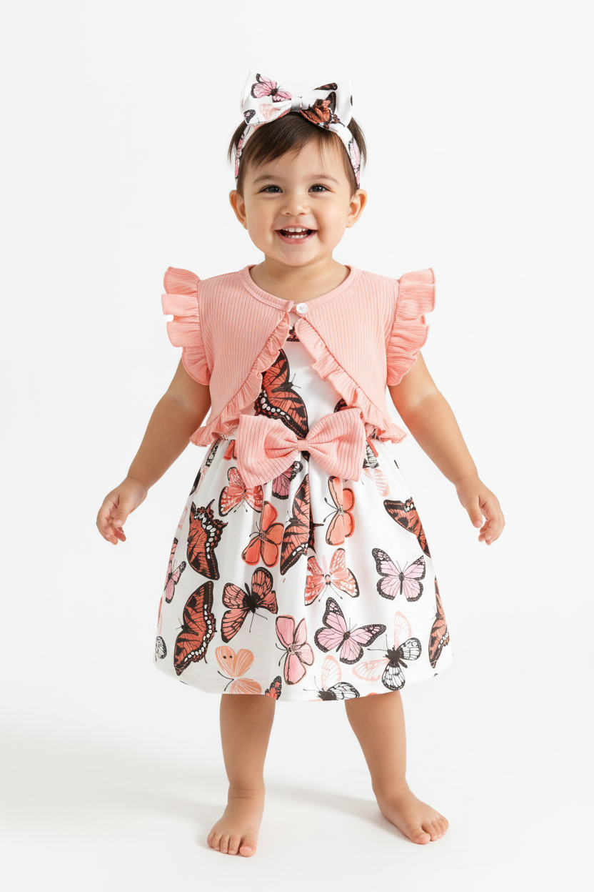 Petite fille en ensemble papillons rose et blanc - vue de face
