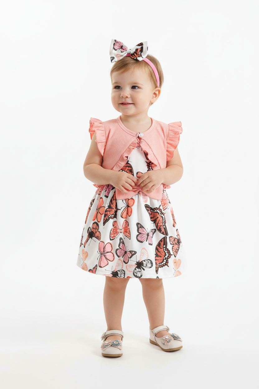 Petite fille en ensemble papillons rose et blanc - vue trois-quarts