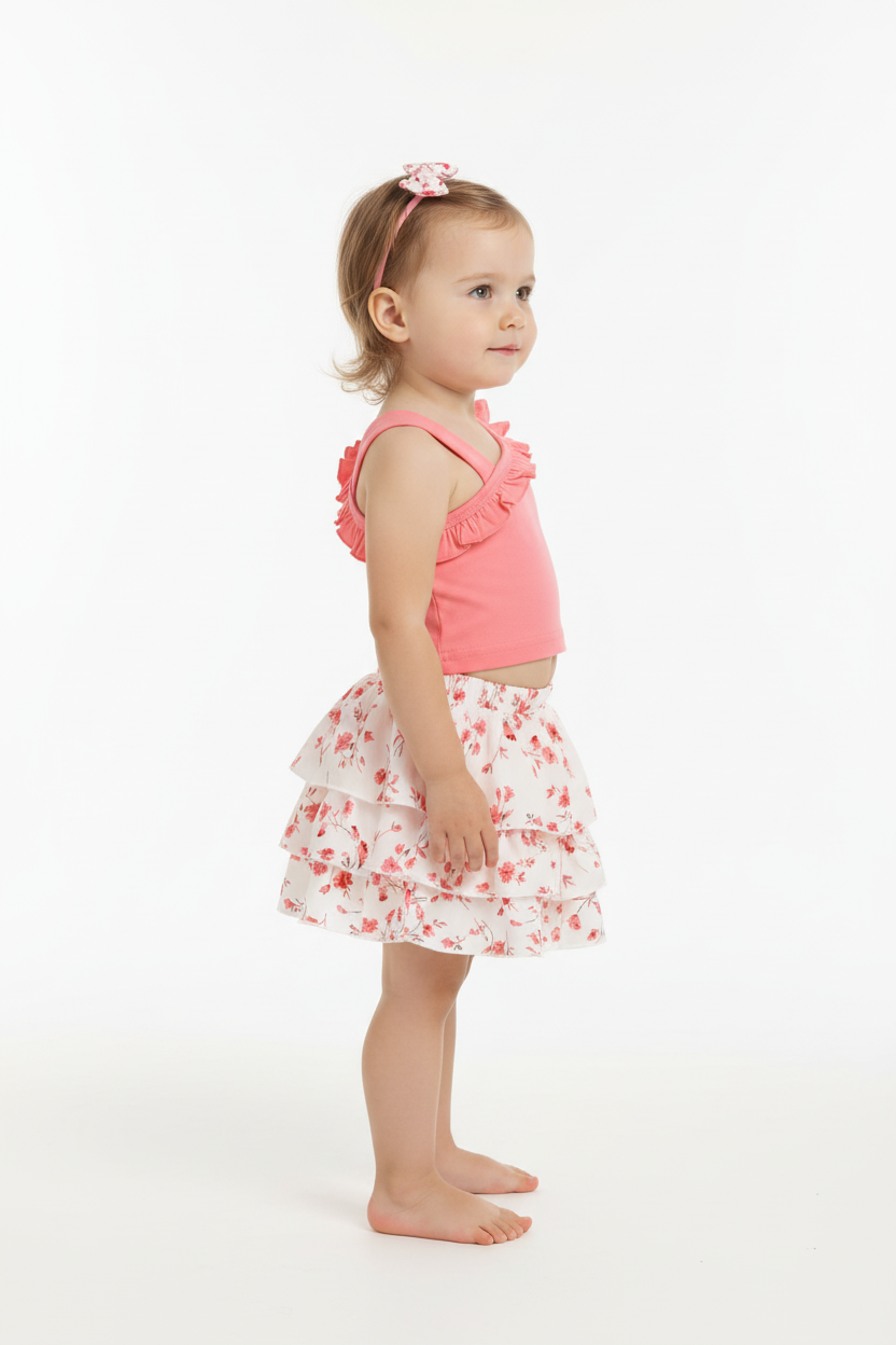 Petite fille en ensemble rose et blanc à fleurs - débardeur rose volants et jupe fleurie - vue de côté - BabyCoton