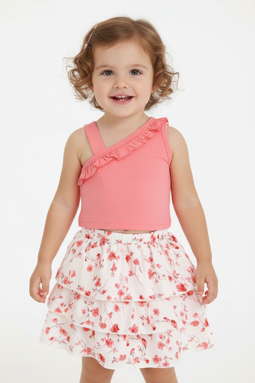 Petite fille en ensemble rose et blanc à fleurs - détail imprimé floral rose et volants - BabyCoton