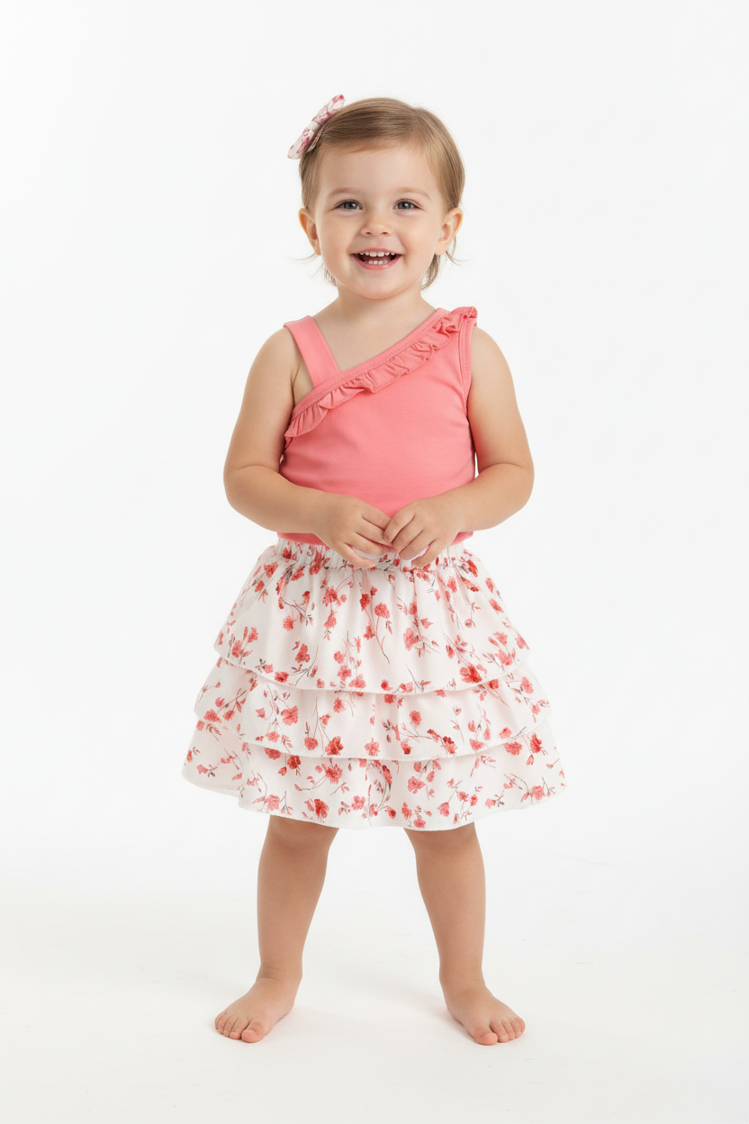 Petite fille en ensemble rose et blanc à fleurs - haut rose à volants et jupe blanche imprimé floral - vue de face - BabyCoton