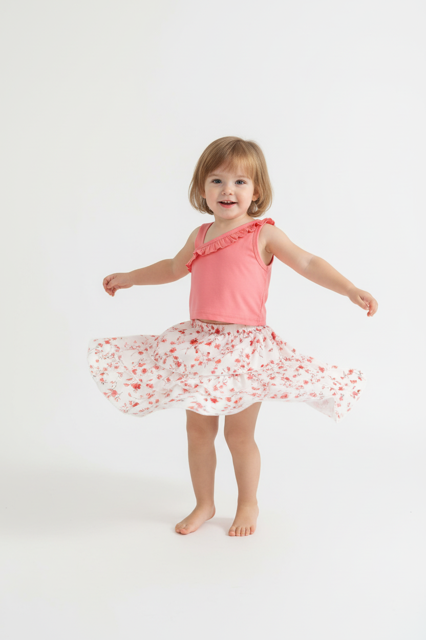 Petite fille en ensemble rose et blanc à fleurs - jupe à volants en mouvement tournoyant - BabyCoton