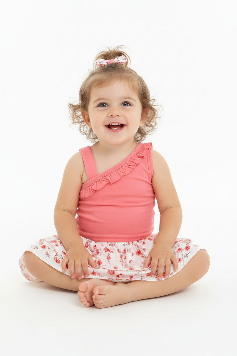 Petite fille en ensemble rose et blanc à fleurs - pose assise élégante - vêtement bébé confortable - BabyCoton
