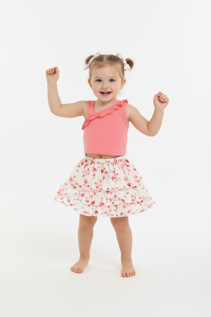 Petite fille en ensemble rose et blanc à fleurs - pose dansante bras levés - tenue festive bébé - BabyCoton