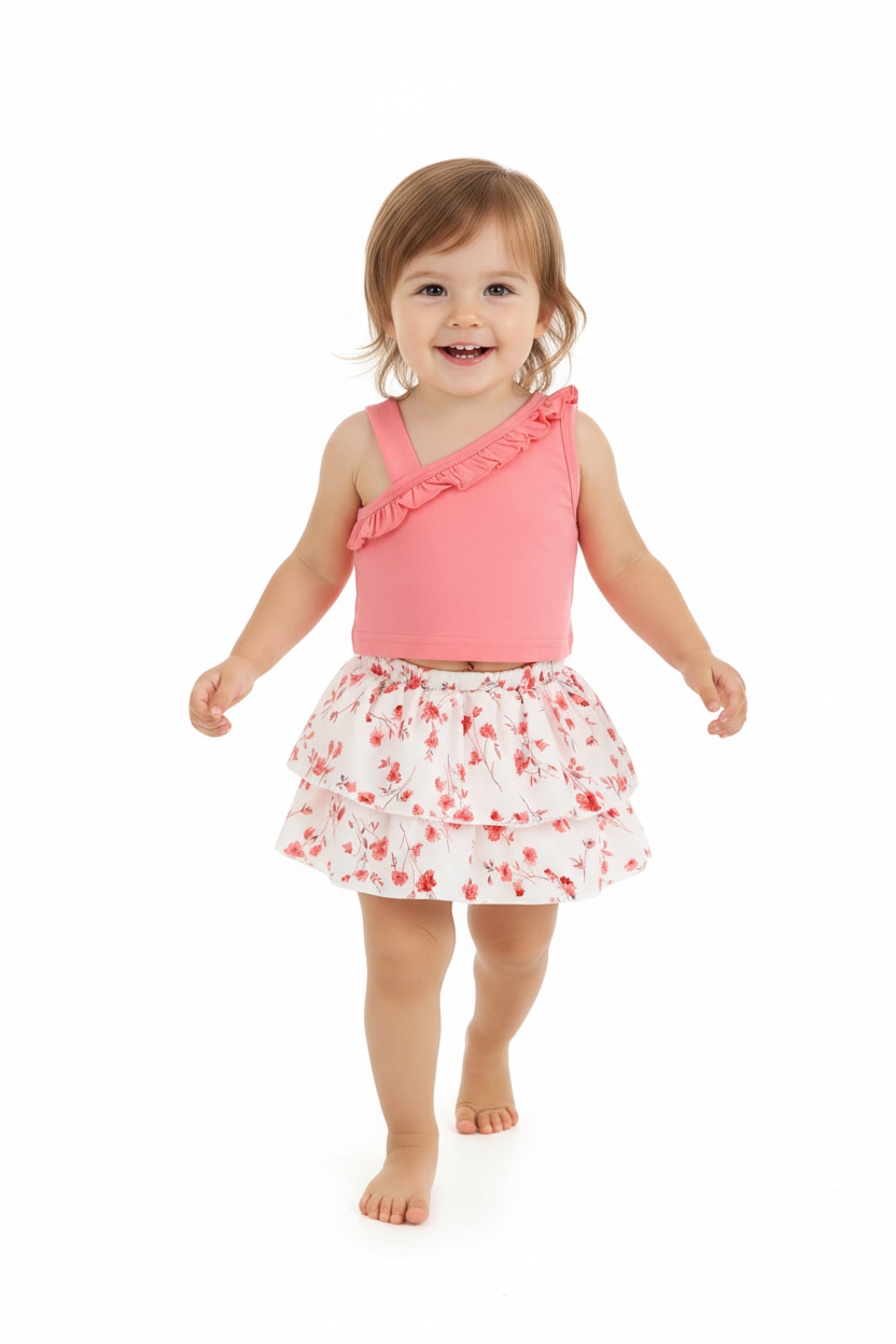 Petite fille en ensemble rose et blanc à fleurs - pose en marche dynamique - tenue bébé fille - BabyCoton