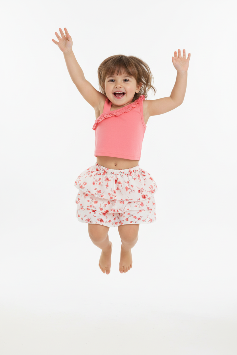 Petite fille en ensemble rose et blanc à fleurs - saut joyeux montrant jupe volantée - BabyCoton