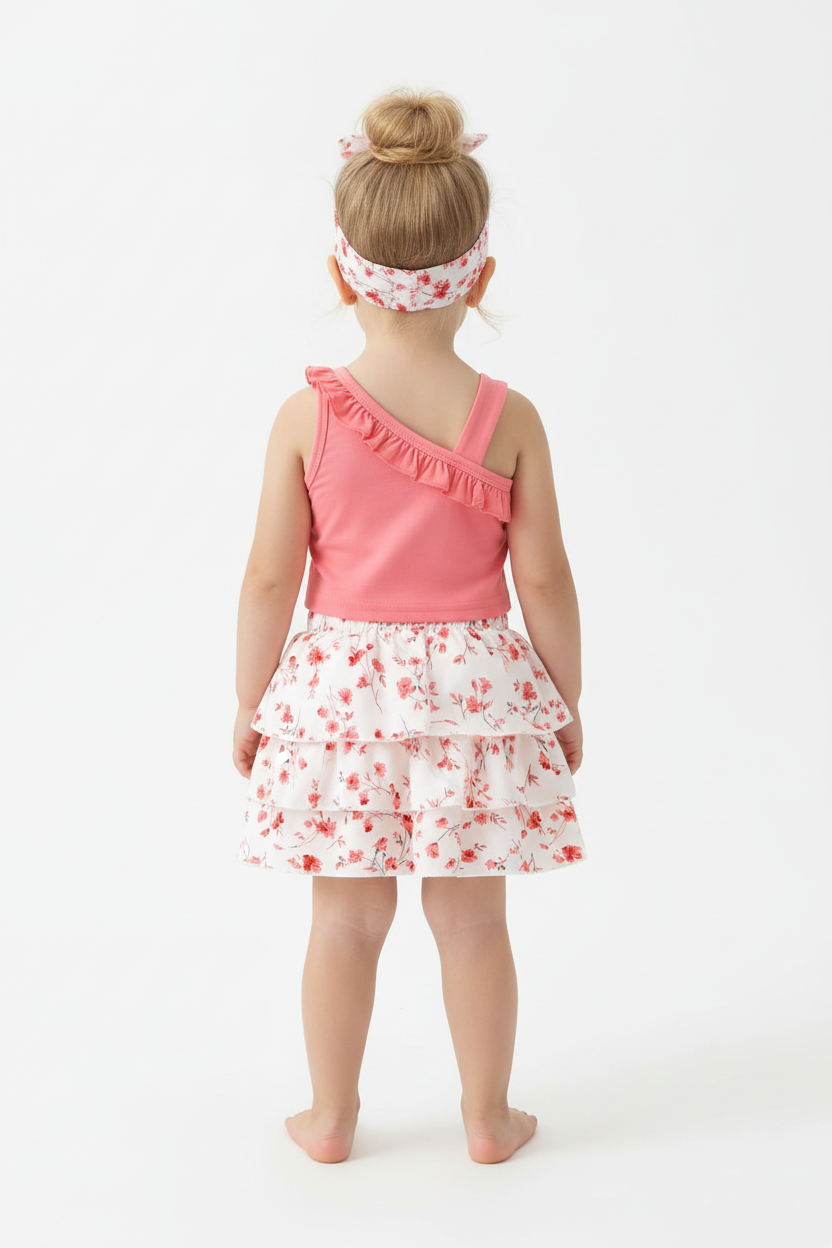Petite fille en ensemble rose et blanc à fleurs - vue de dos montrant détails volants et bretelles - BabyCoton
