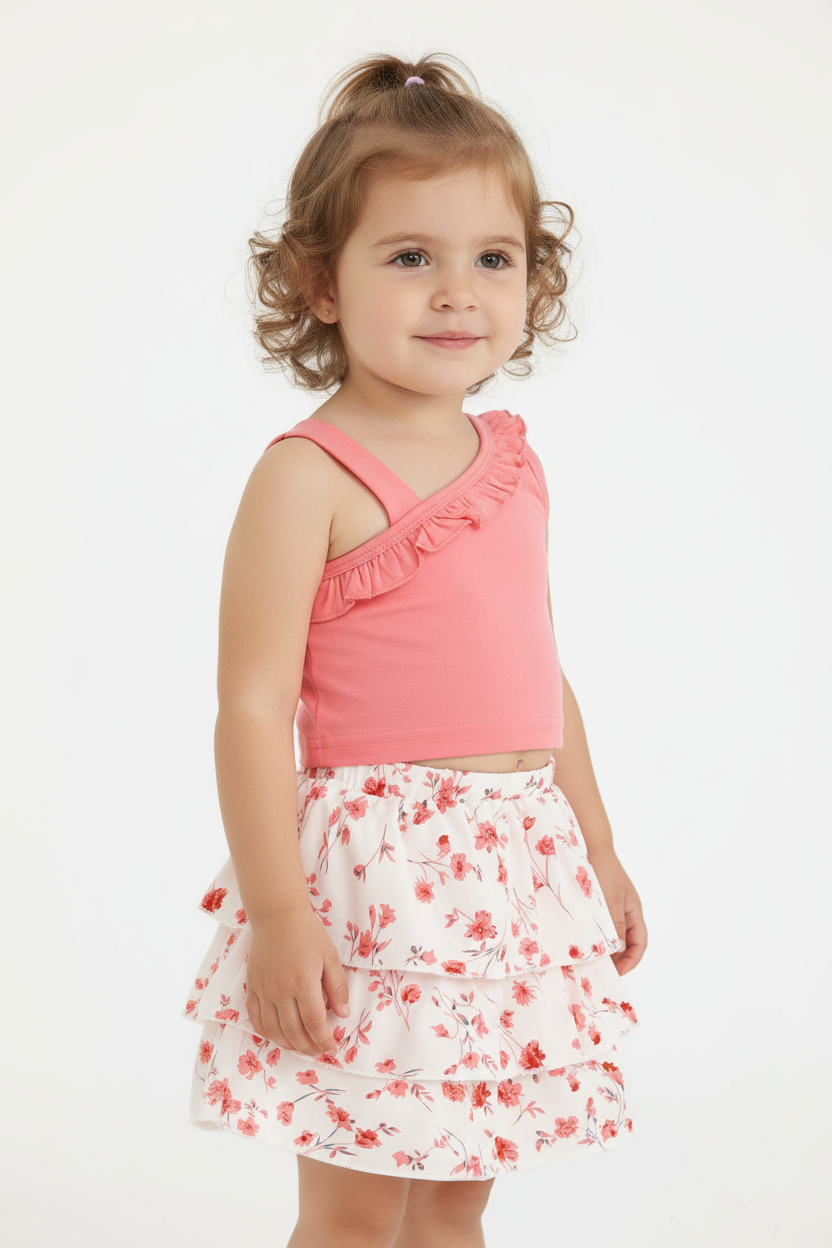 Petite fille en ensemble rose et blanc à fleurs - vue trois-quarts montrant ensemble complet - BabyCoton