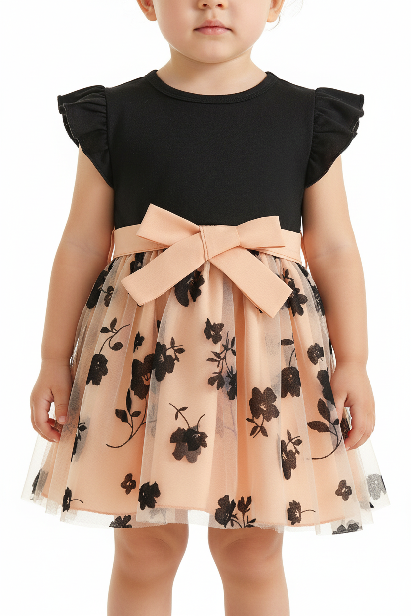 Petite fille en robe noire et pêche à fleurs - détail du nœud