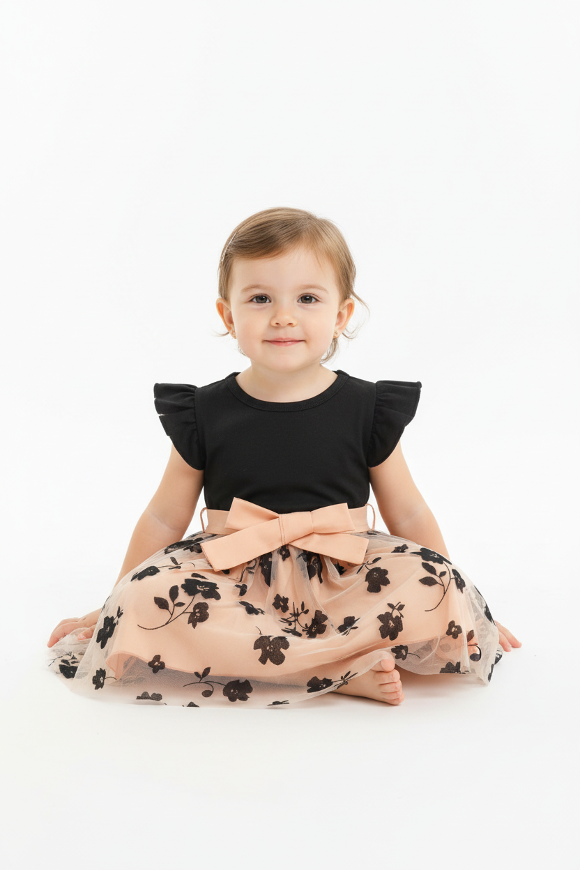 Petite fille en robe noire et pêche à fleurs - pose assise