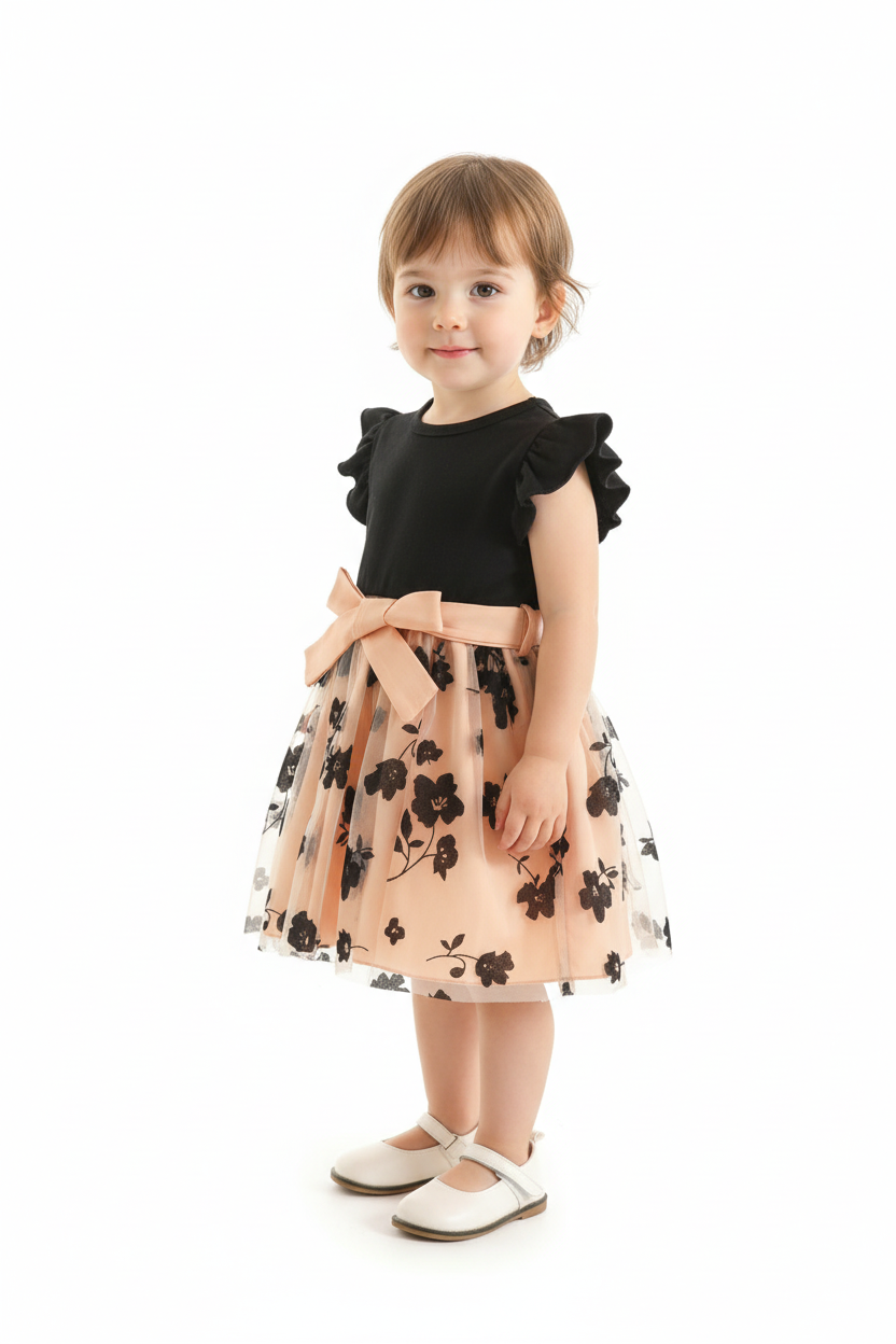 Petite fille en robe noire et pêche à fleurs - vue complète